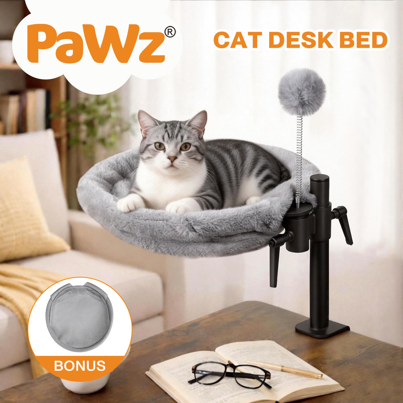 Pawz Cat Bed Hammock 360 Rotatable Adjustable Grey Fabric Steel Washable