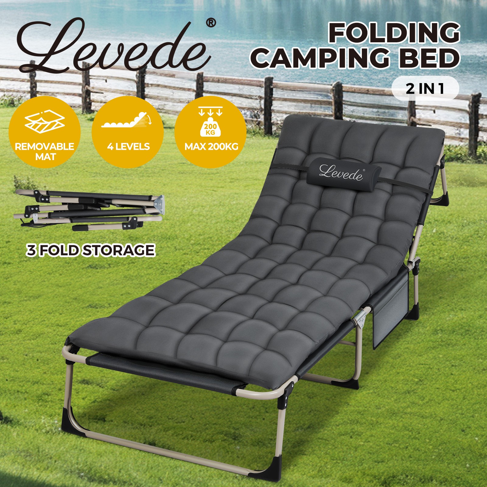 Levede Folding Camping Cot Bed Adjustable Backrest Steel 200kg Dark Grey