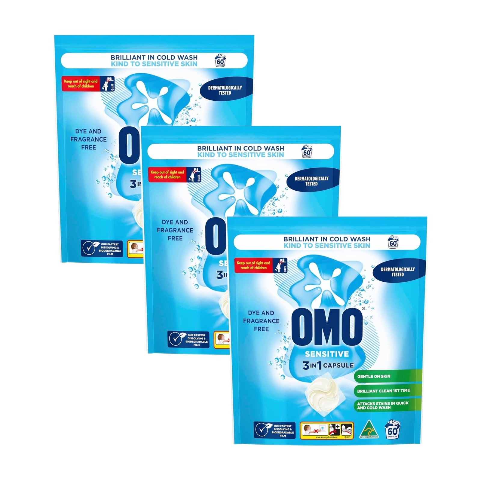 OMO 3in1 Sensitive Fragrance Free 180 Laundry Capsules Detergents Softeners