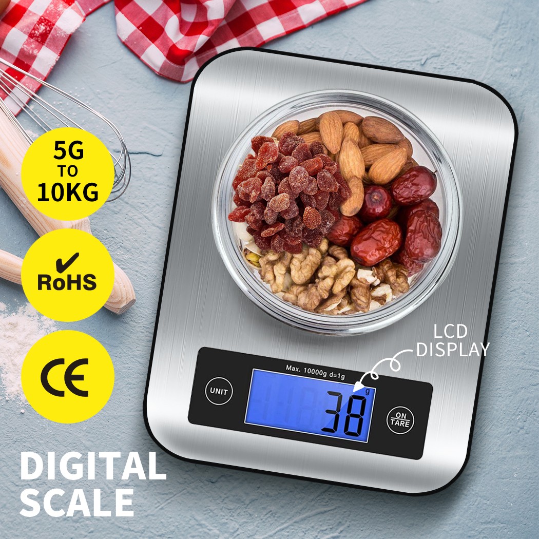 Toque Digital Kitchen Food Scale 10kg LCD Stainless Steel Silver Mini