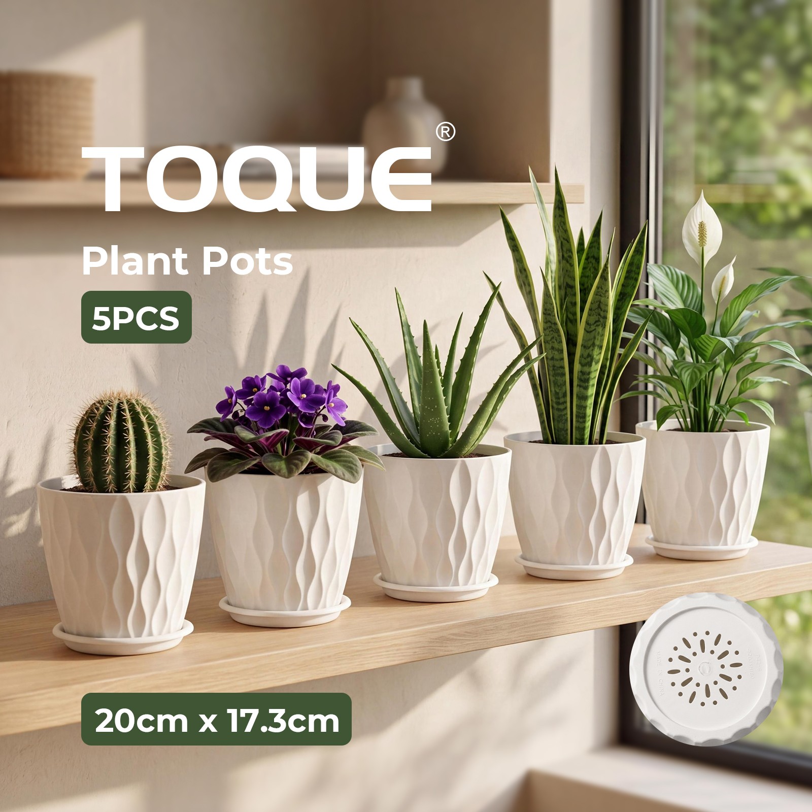 Toque Plant Pots 5 Pcs 8 Inchs BPA-free PP Plastic Planter Pots White