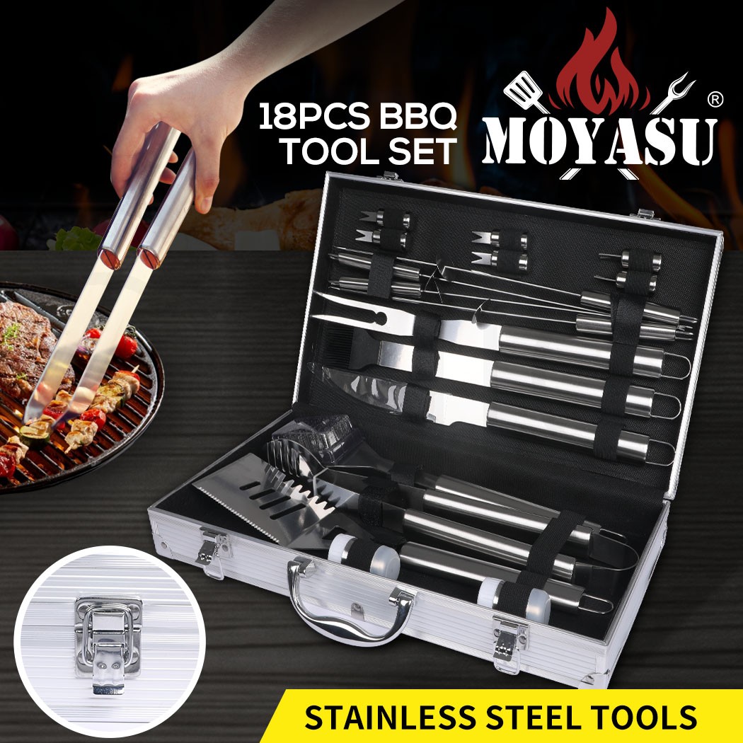 Moyasu 18 Pcs Stainless Steel BBQ Tool Grill Cook Outdoor Silver Aluminium Case