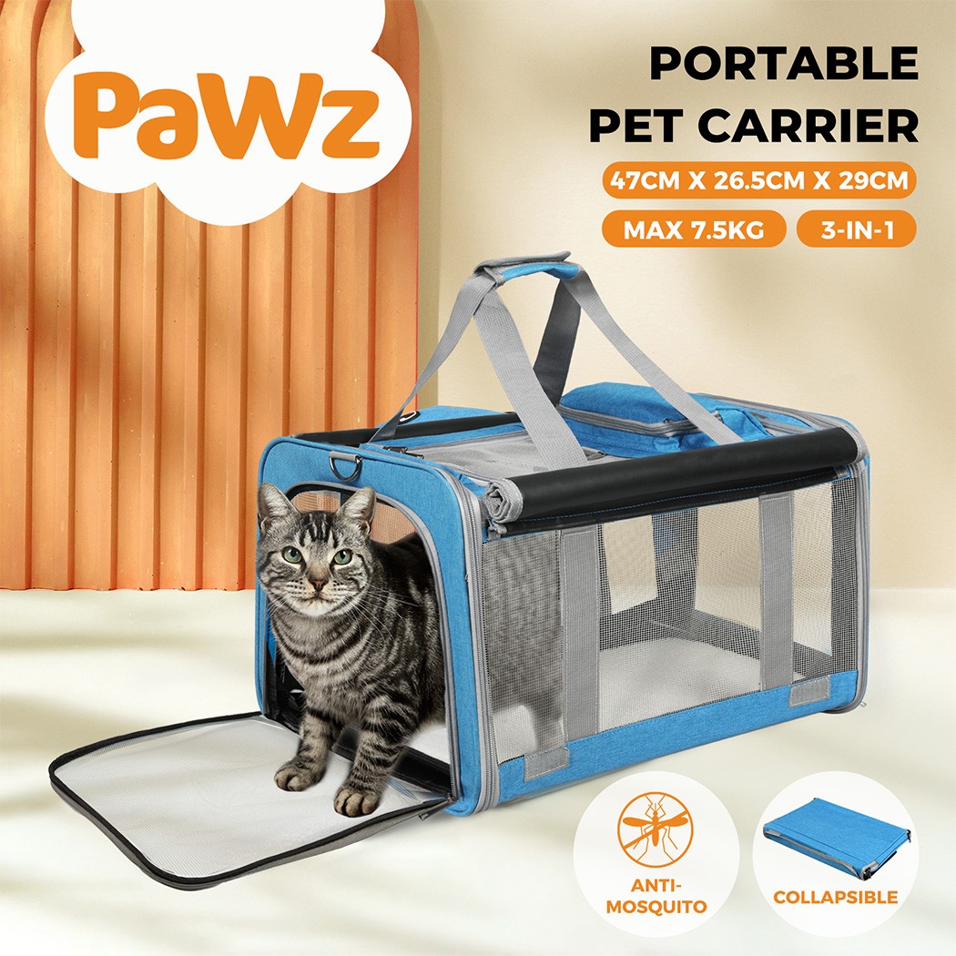 Pawz Soft-Sided Dog Cat Carrier Foldable Travel Cage Portable Kennel Medium Blue