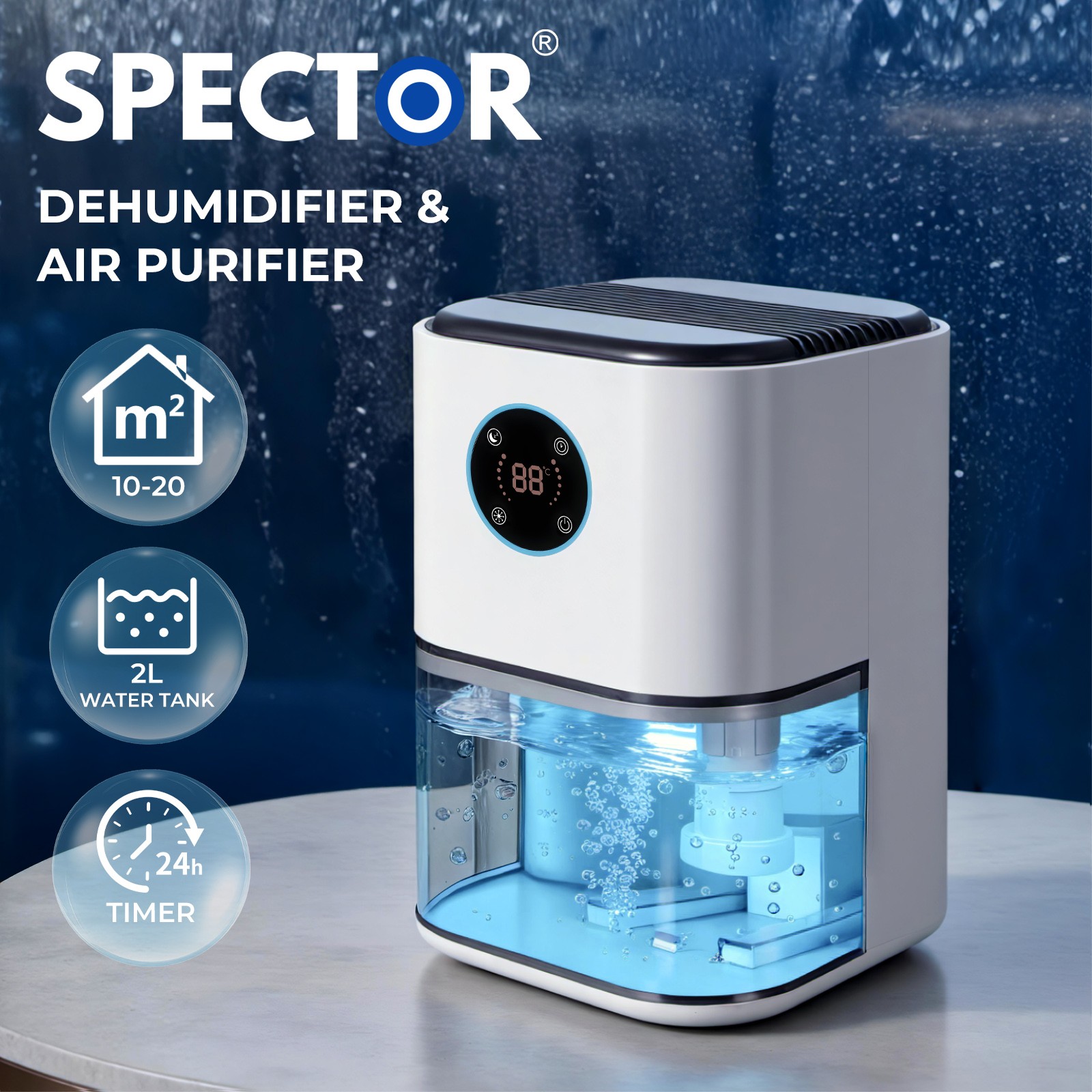 Spector 2L Portable Dehumidifier Mini Tabletop Adjustable Humidistat Home Office