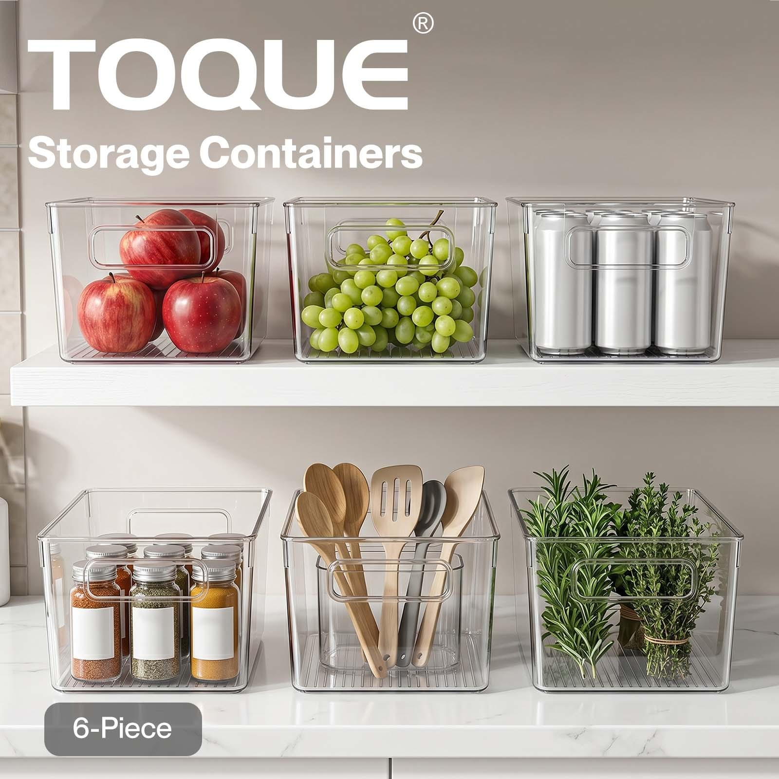 TOQUE PET Clear Plastic Storage Containers 6PCS Organizer Pantry Fridge Handles