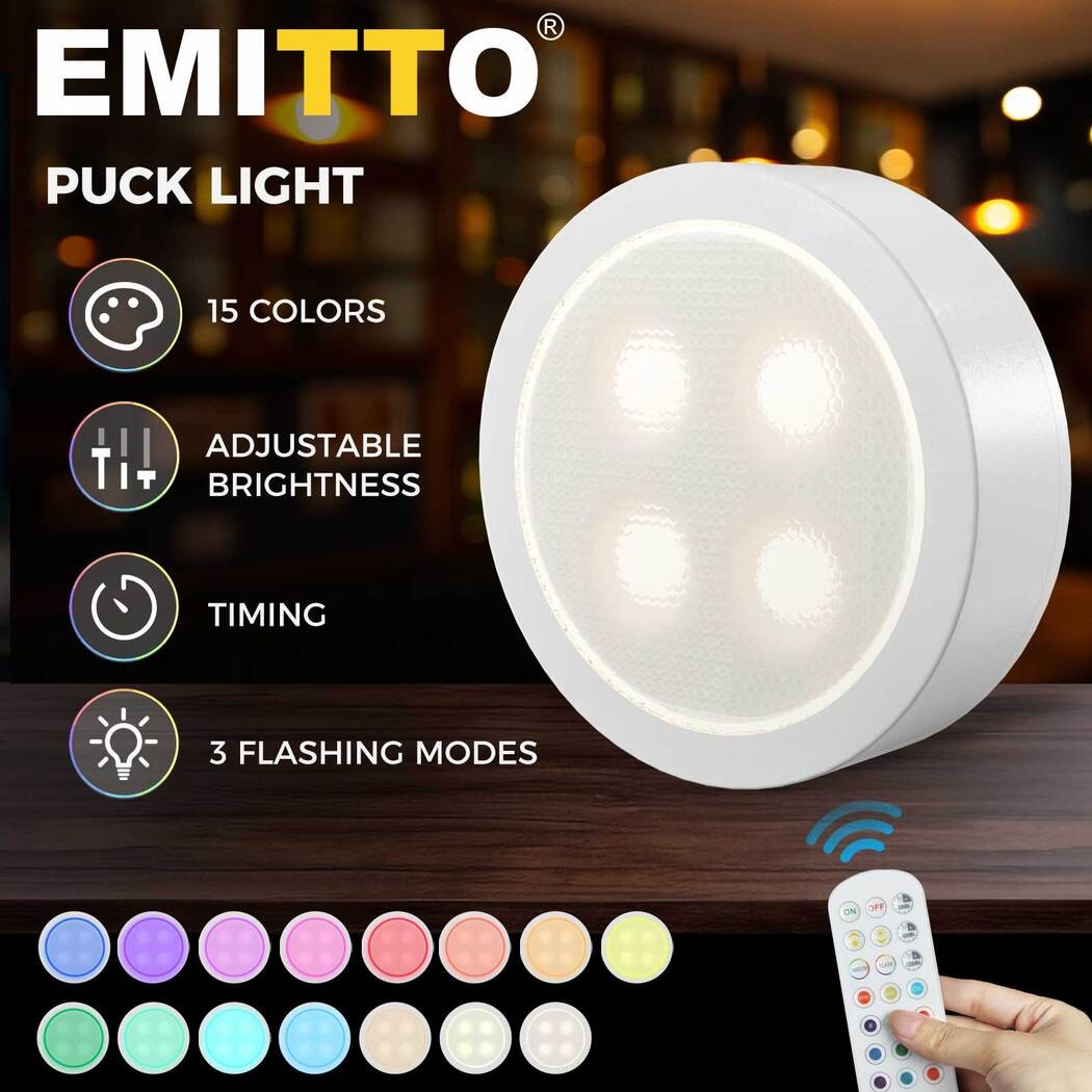 Emitto 3x RGB LED Under Cabinet Puck Lights Remote Control Battery White