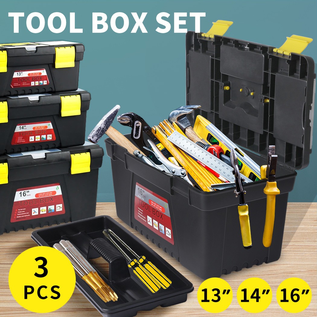 Traderight Tool Storage Set 3Pcs Black Polypropylene Lock Organiser 13 14 16