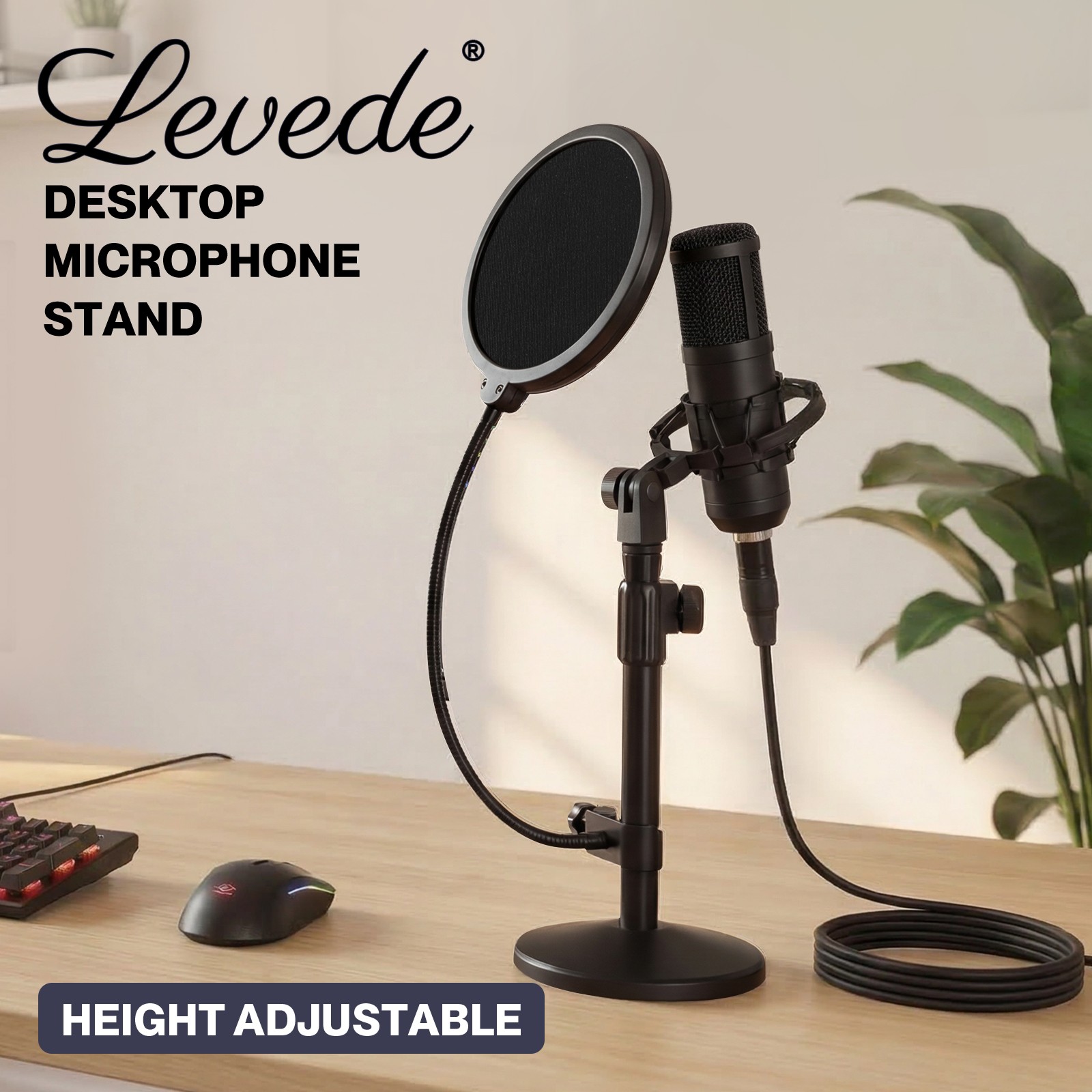 Levede Desktop Microphone Stand Height-Adjustable Gooseneck ABS Black Kit