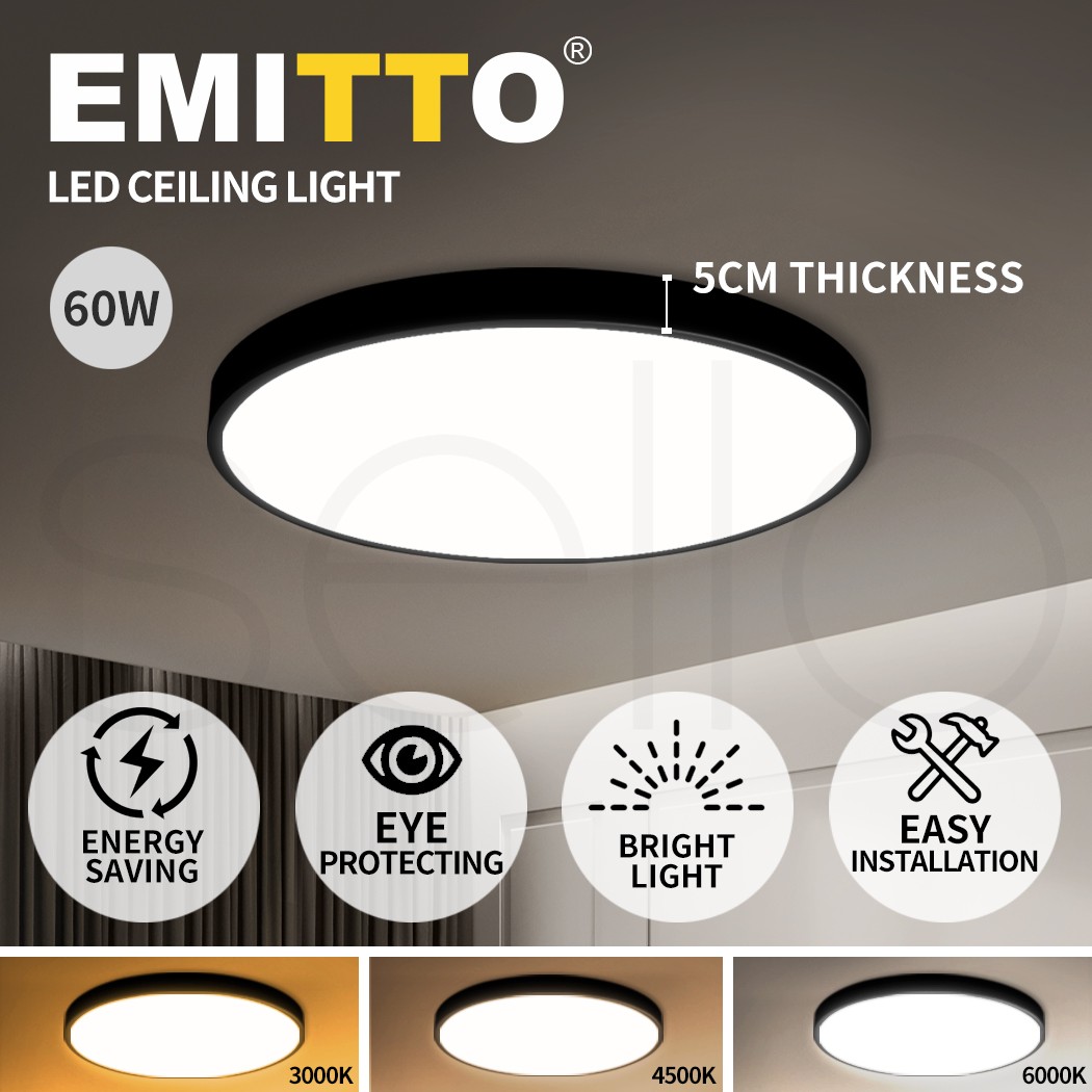 Emitto 3-Colour 60W LED Round Acrylic Ceiling Light Black Modern 5cm