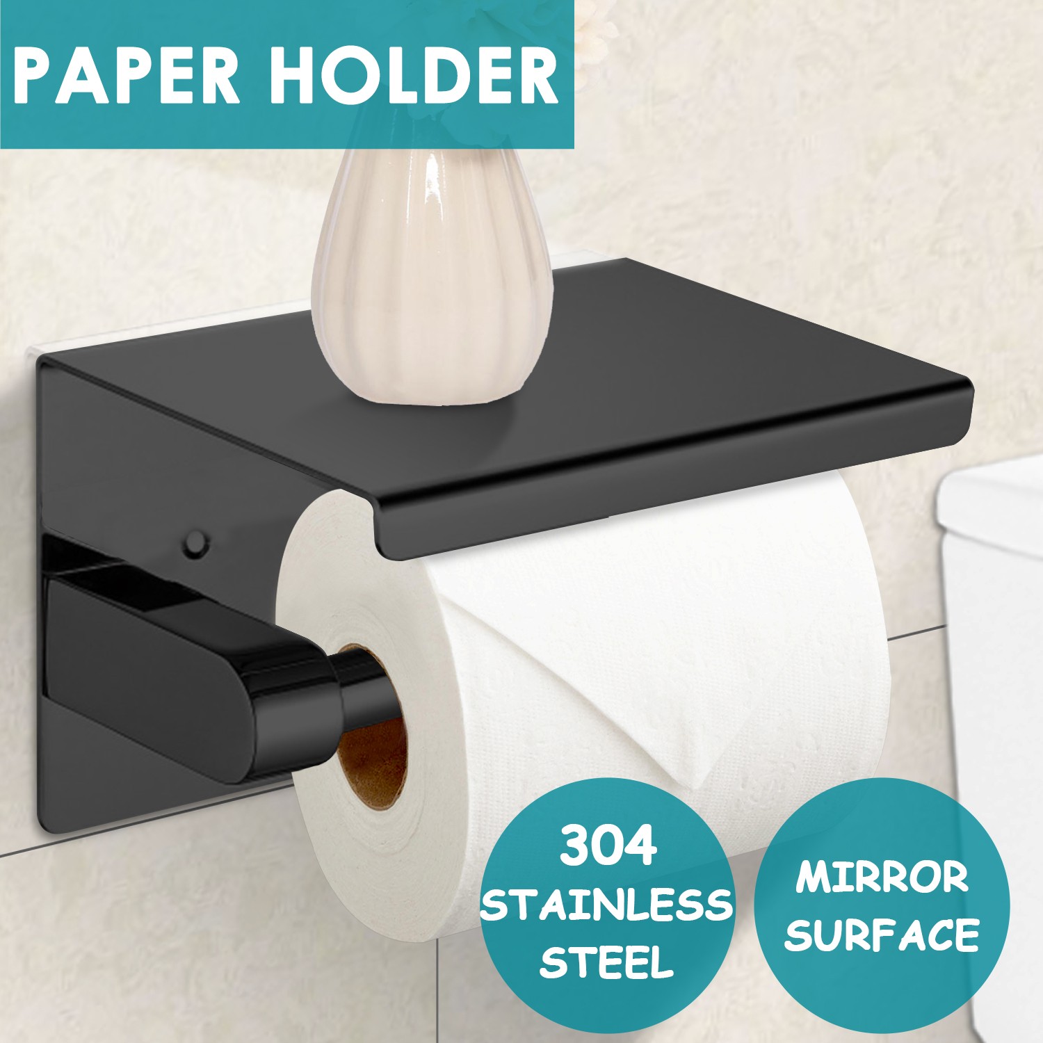 304 Stainless-Steel Toilet Paper Holder Stand Black Bathroom Hook Rack 14x10.4cm