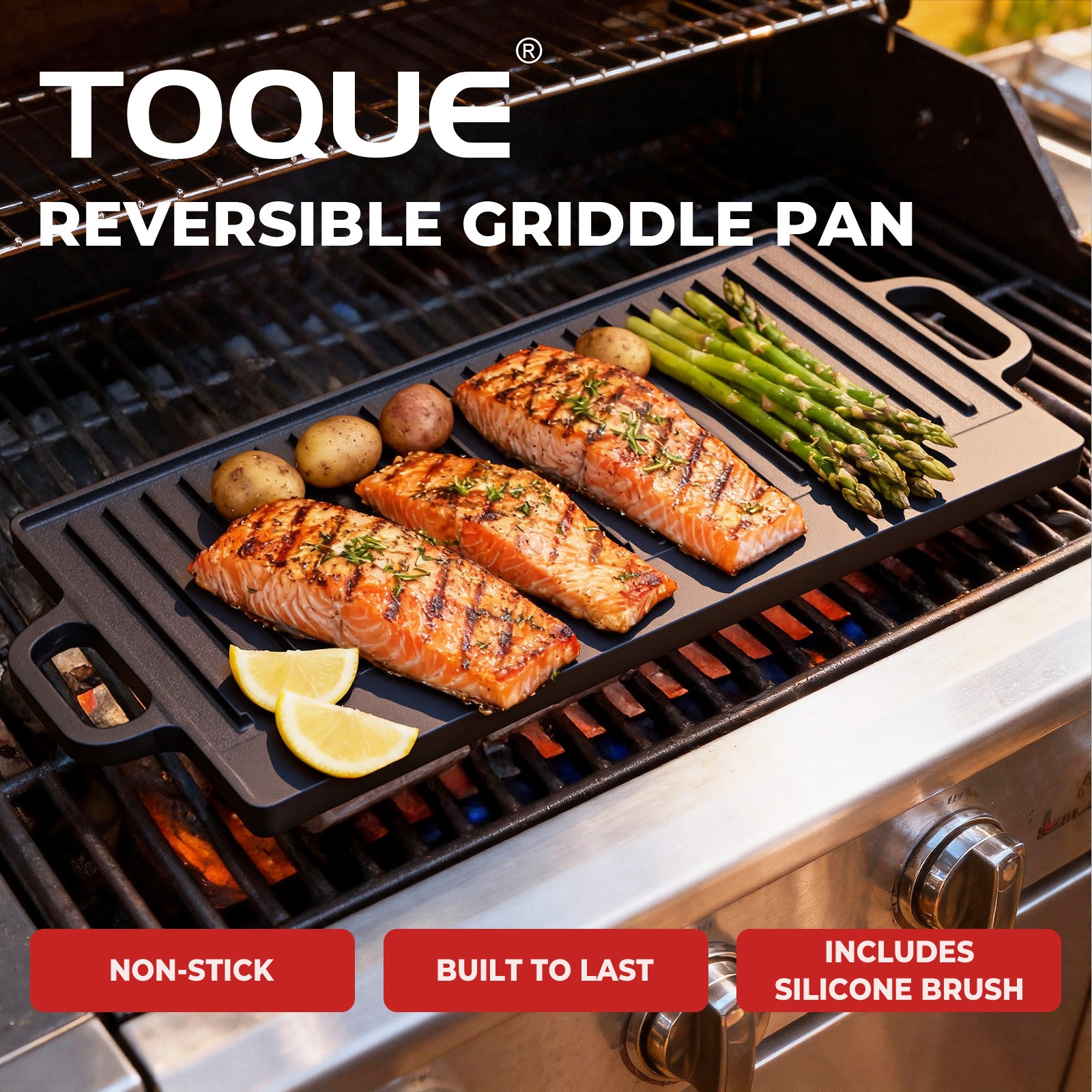 Toque 49.5cm Reversible Cast Iron Non-Stick Rectangle Griddle Grill Pan