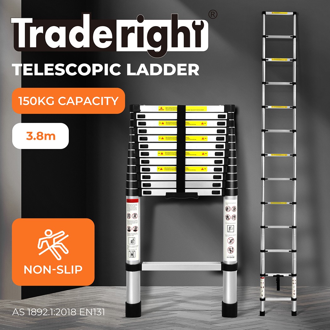 Traderight 3.8m Telescopic Folding Aluminium Ladder Portable Extension Step