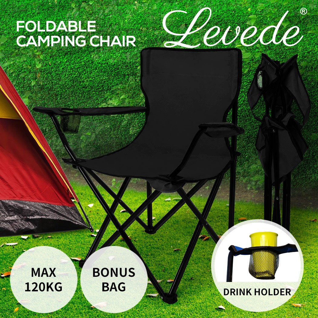 Levede 2 Black Folding Camping Chairs Portable Outdoor Fishing Picnic 120kg