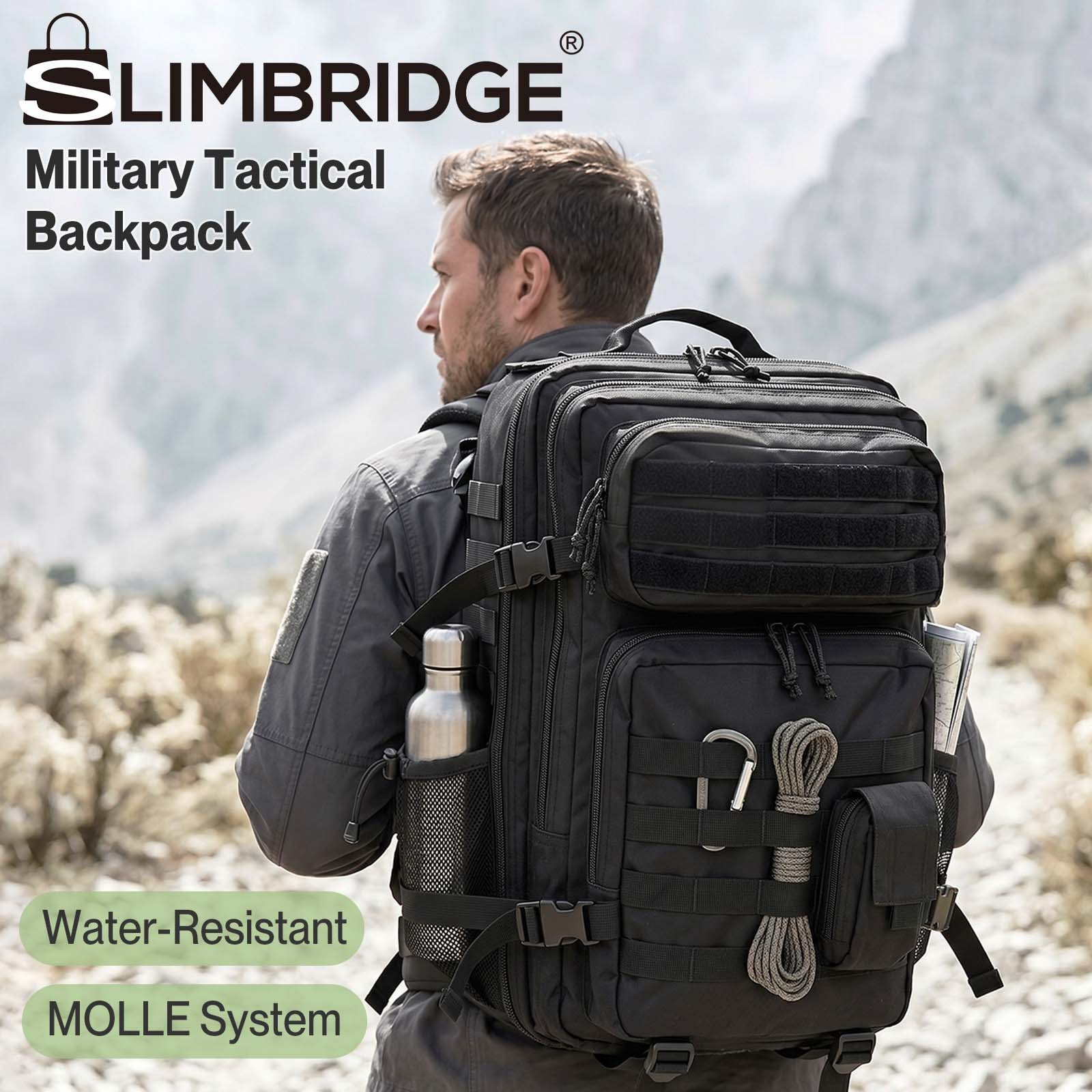 Slimbridge 45L Military Tactical Hiking Backpack Rucksack Travel Bag Black