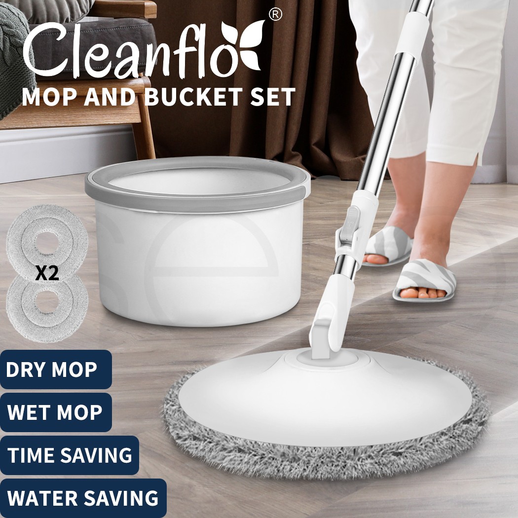 Cleanflo Spin Mop Bucket Set Dry Wet 360 Rotating Flat Microfibre Grey