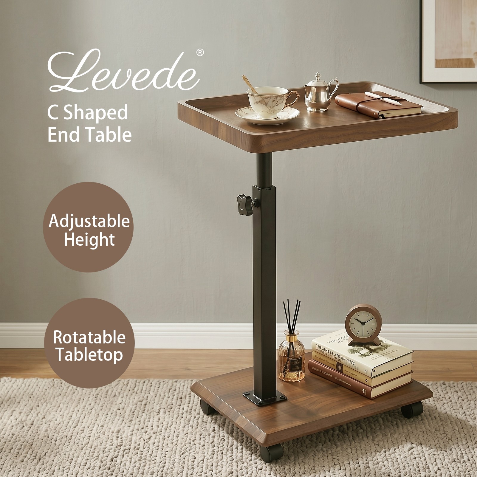 Levede C Table Sofa End Table Adjustable Rolling Swivel Tray Walnut MDF