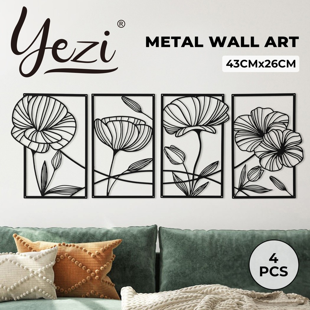 Yezi 4 Pcs Black Metal Floral Wall Hanging Modern Abstract Sculpture 43cm