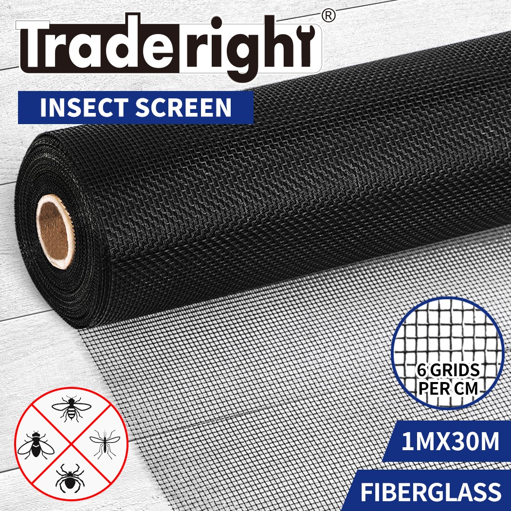 Traderight Fibreglass Insect Screen Mesh Flyscreen Window Door Roll 30m Black