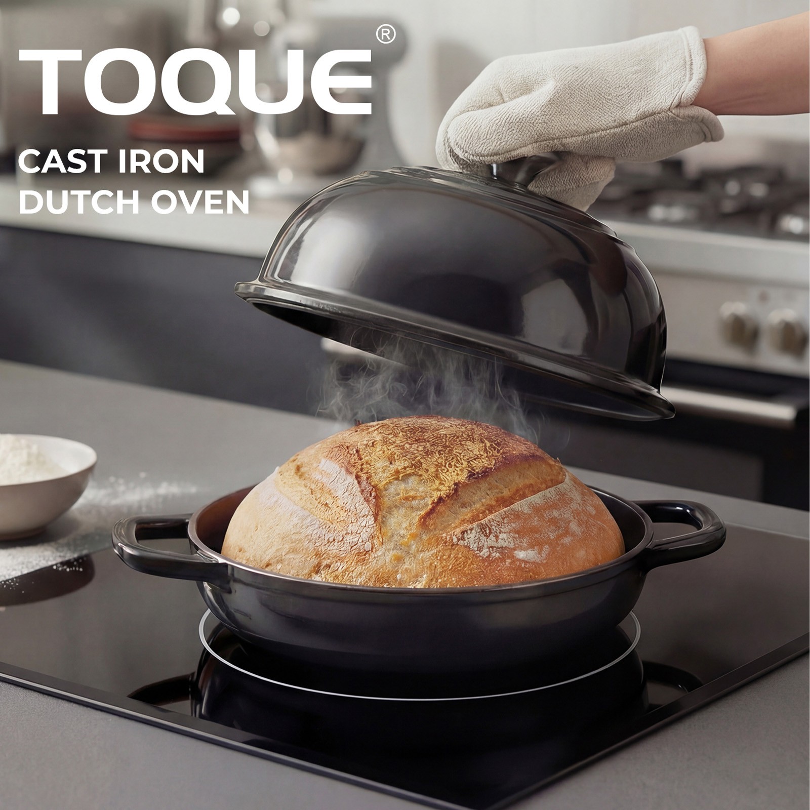 Toque Enamelled Cast Iron Dutch Oven Pot 24cm Black Sourdough Bread Baking