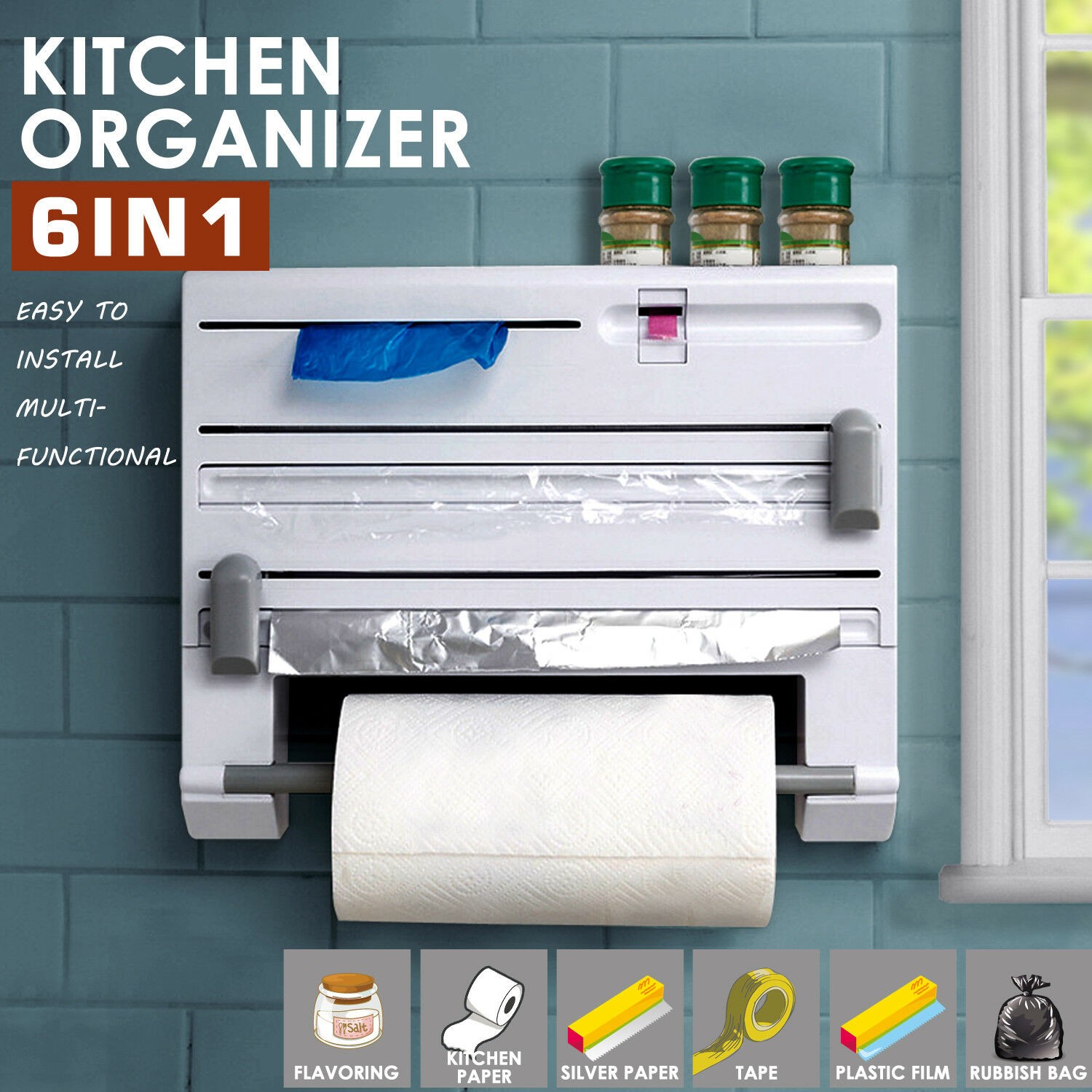 6in1 White Wall Mounted Kitchen Rack Towel Holder Foil Roll Film Dispenser