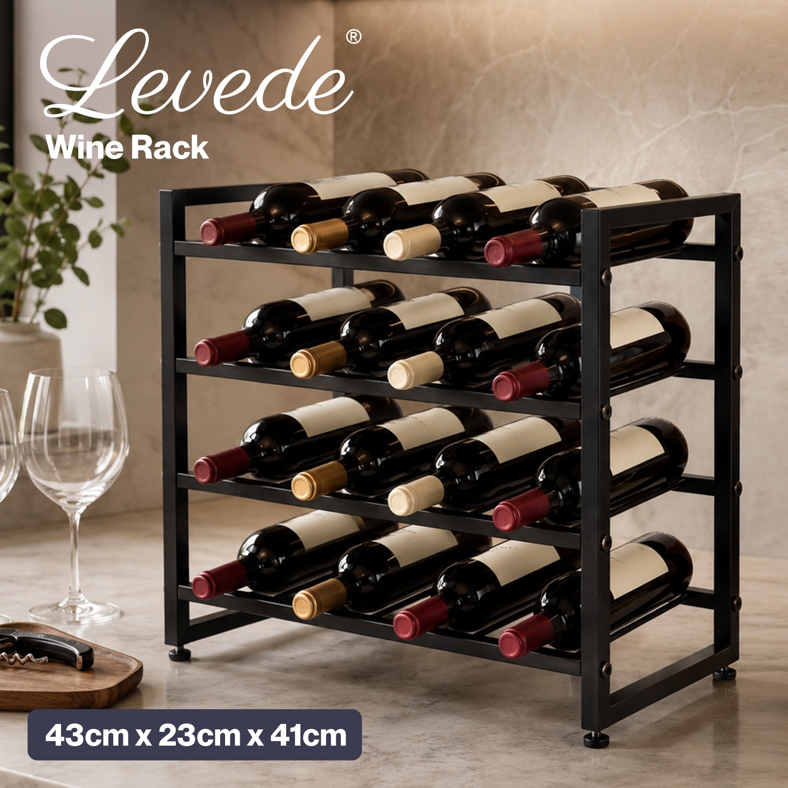 Levede Wine Rack 16 Bottle 4-Tier Iron Metal Display Storage Organizer Bar