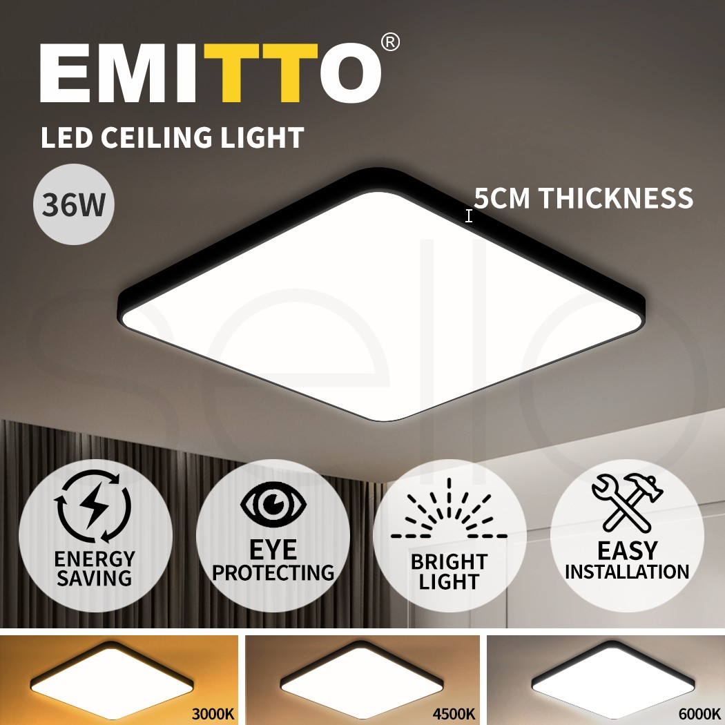 Emitto 3-Colour 36W LED Acrylic Black Square Ceiling Light 5cm Indoor