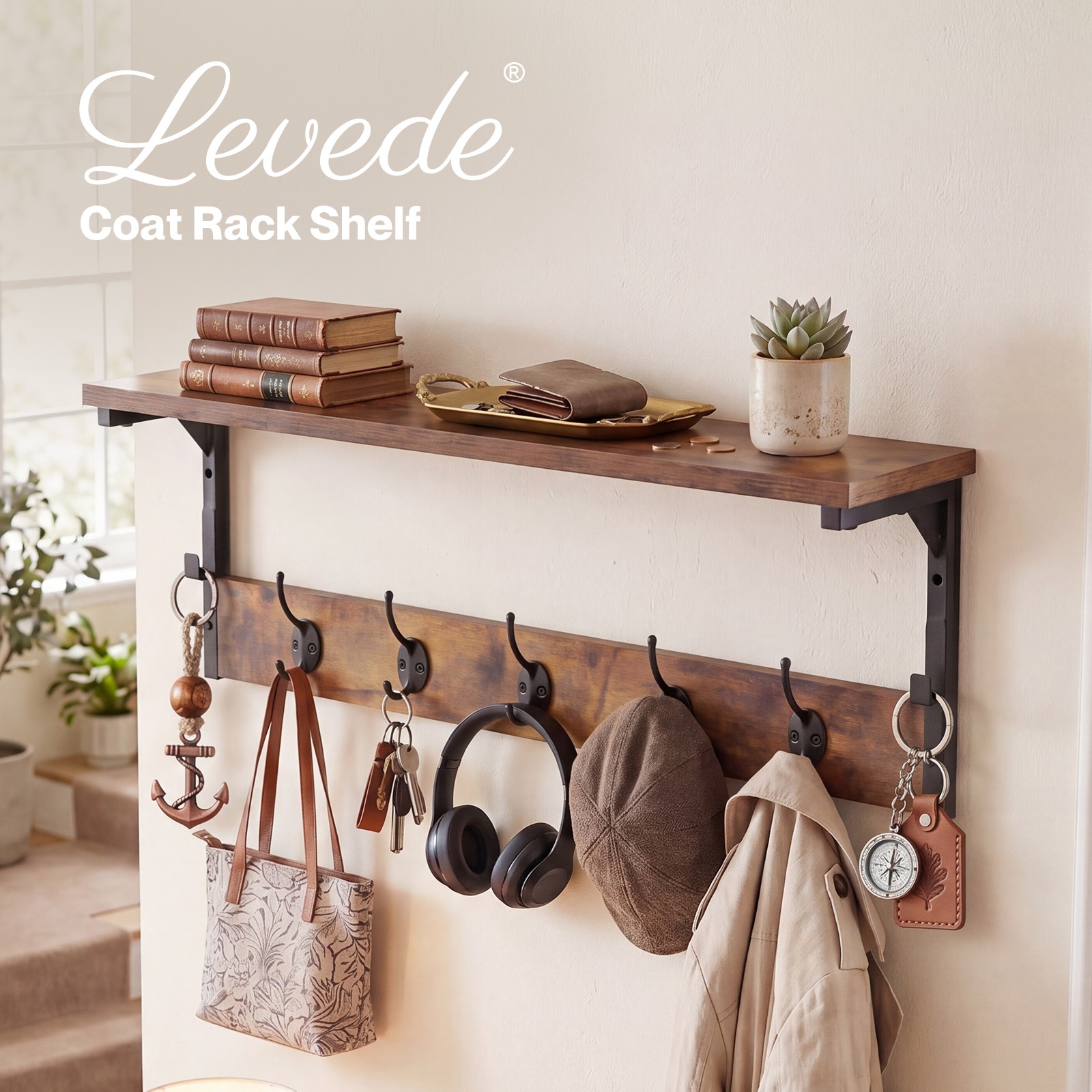 Levede Wall Mounted Coat Rack Shelf 7 Hooks Floating Hat Rack 15mm E1