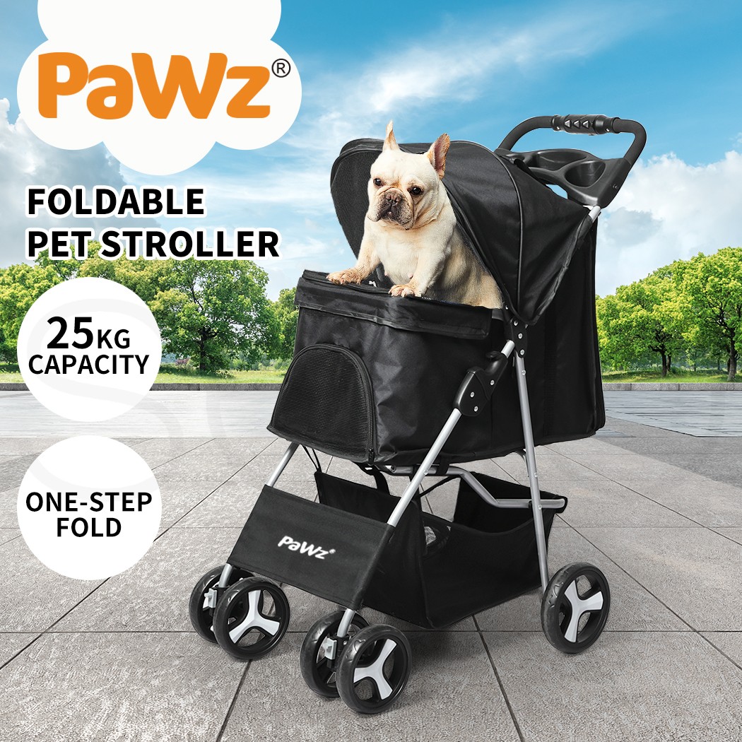 Pawz 4 Wheels Pet Stroller Dog Cat Rolling Carrier Black Oxford Cloth Metal