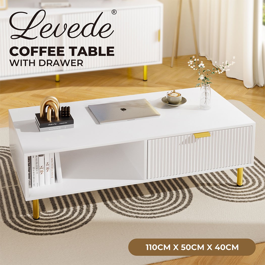 Levede 110cm Modern White Wooden Coffee Table MDF Storage Fluted Drawer