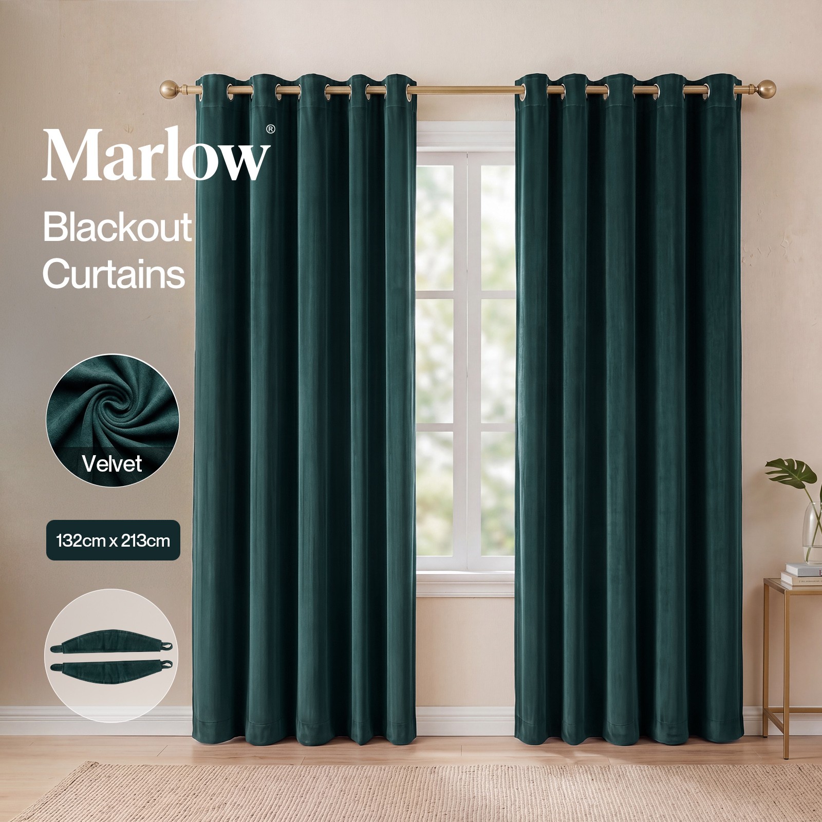 Marlow 2X Velvet Blackout Curtains Room Darkening Eyelet Green Modern