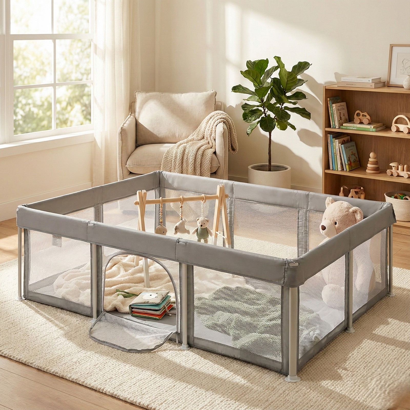 Bopeep Kids Playpen Pop-up Foldable Baby Safety Mesh Fence Toddler Grey