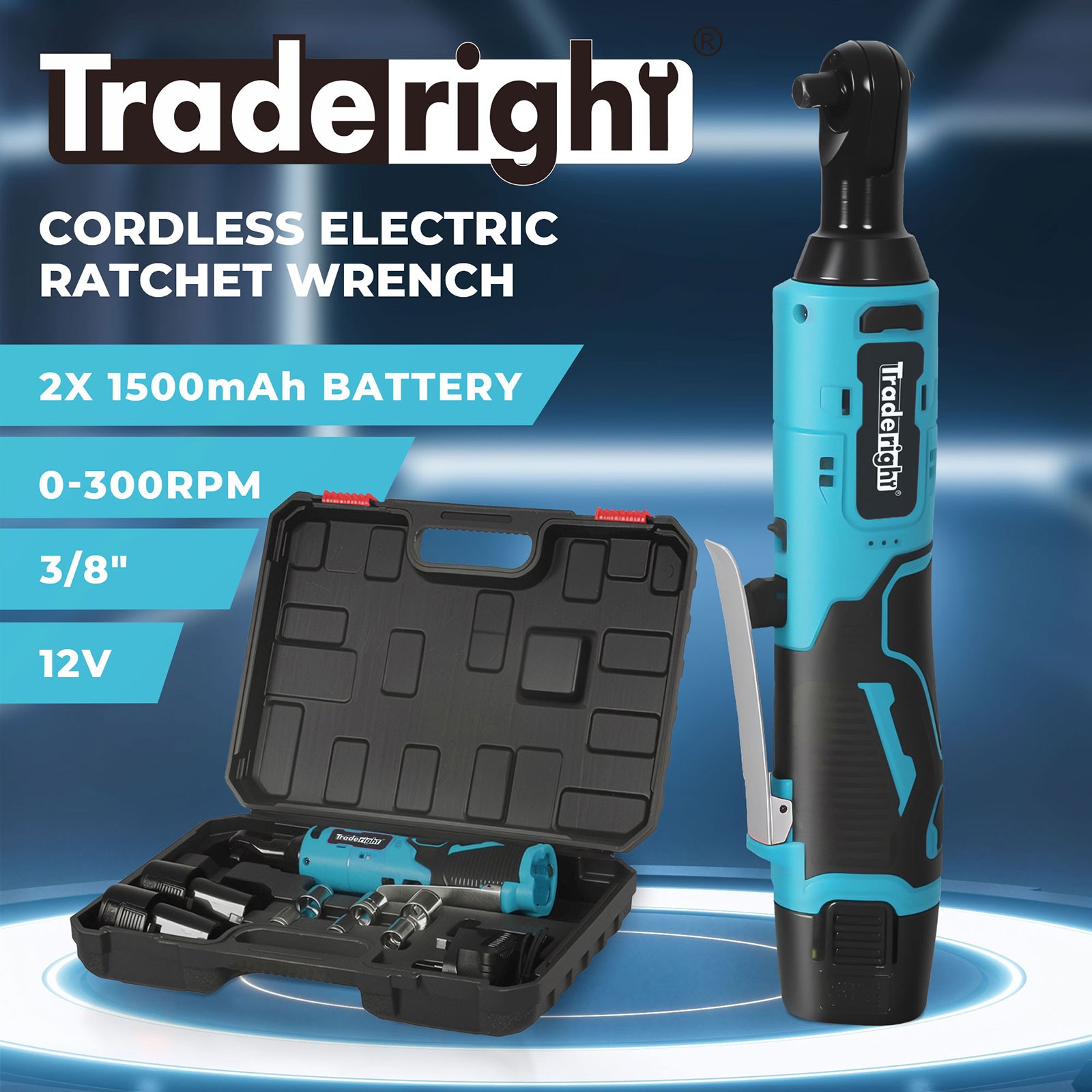 Traderight 12V Cordless Ratchet Wrench 42N.m 300RPm 3/8 Drive LED Kit 2 Battery