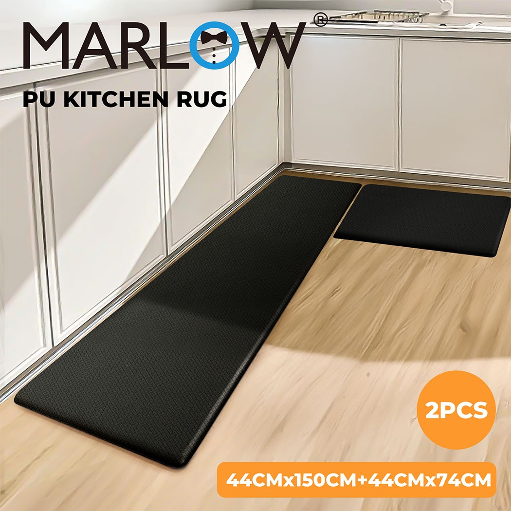 Marlow Kitchen Runner 2Pcs Cushioned PU Anti Fatigue Non Slip Waterproof Black