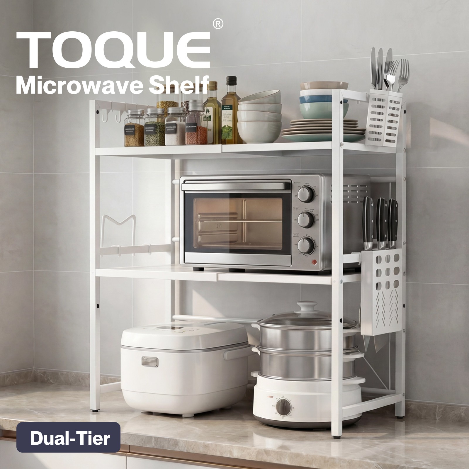 Toque Microwave Shelf 3 Tier Adjustable Metal White Oven Storage Rack Stand