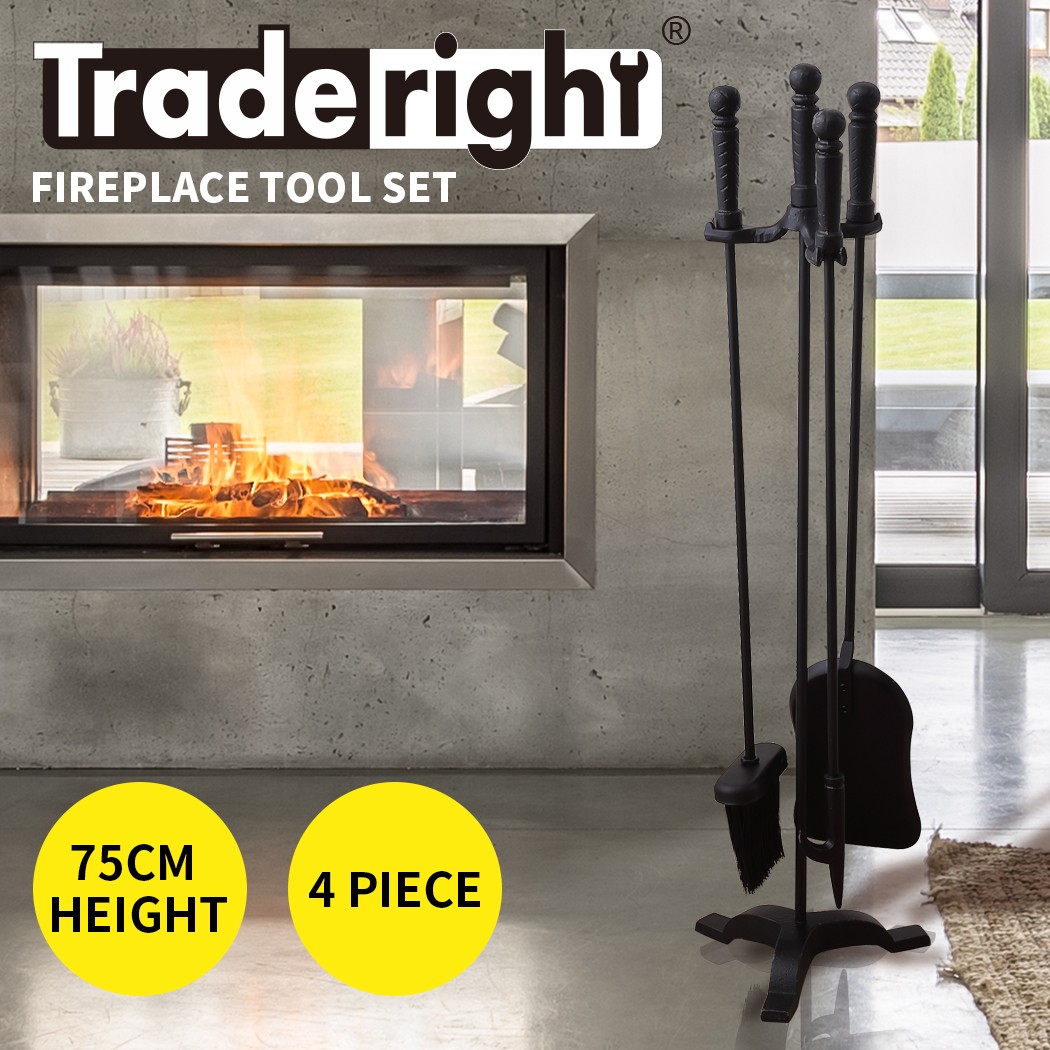 Traderight Fireplace Tool Set 4 PC Cast Iron Black Poker Brush Shovel Stand