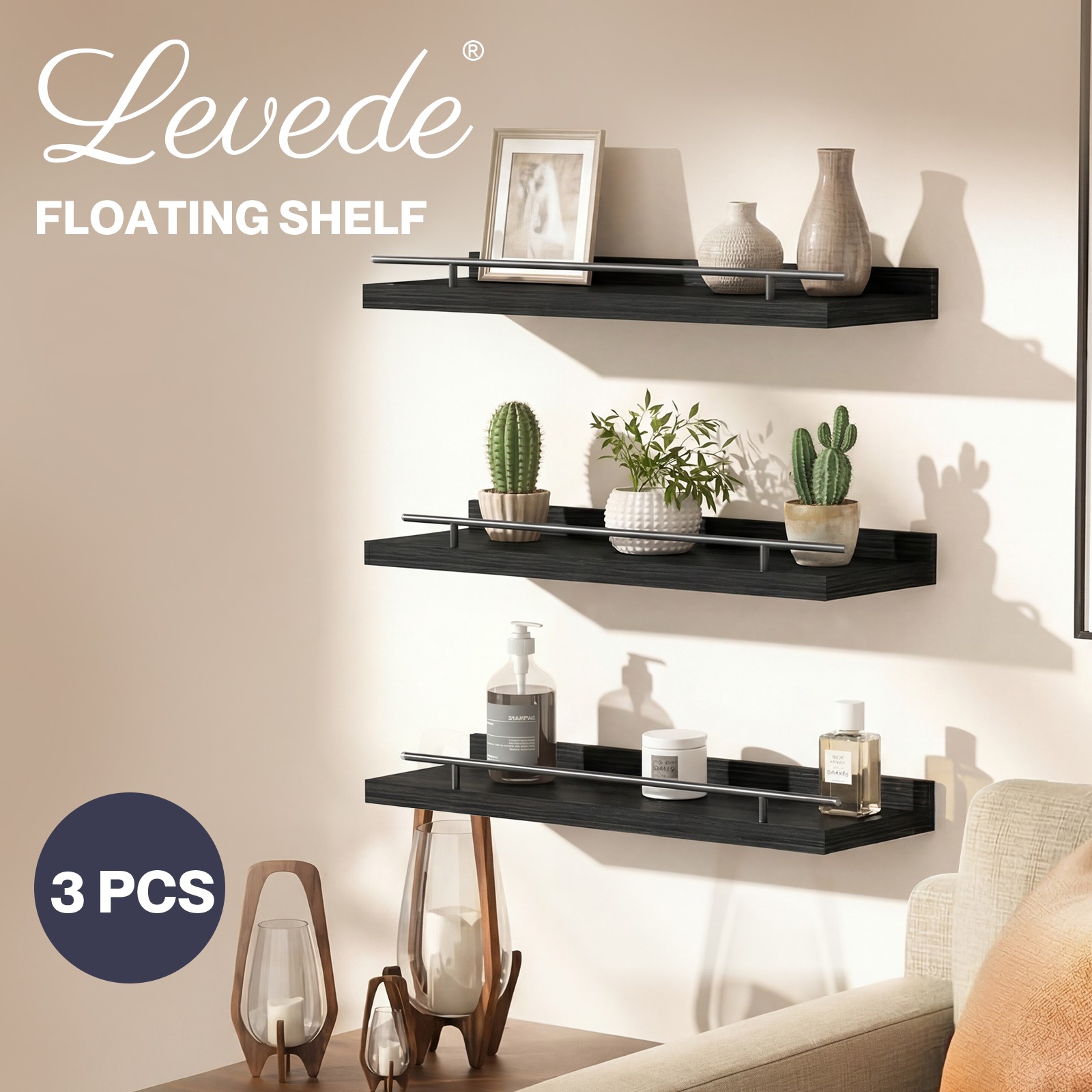 Levede 3 Pcs Black Floating Wall Shelves Paulownia Wood Storage Display