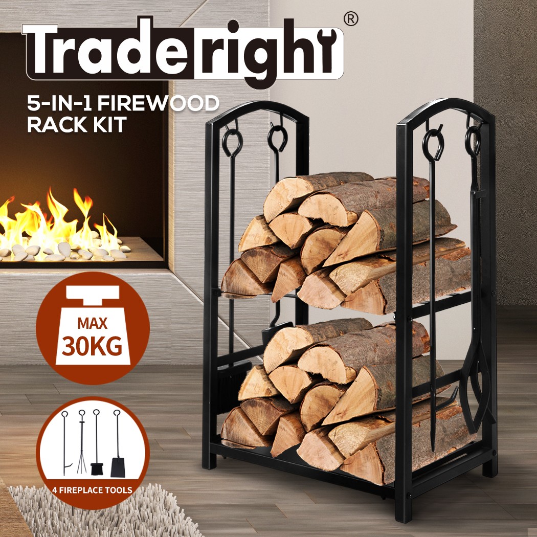 Traderight Firewood Rack Steel Log Holder 5 Set Poker Brush Tongs Shovel