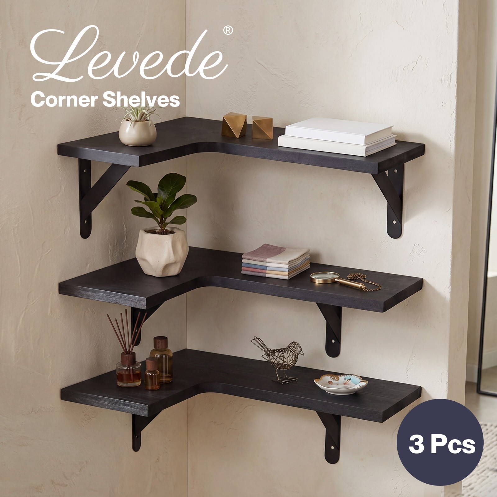 Levede 3Pcs L-Shaped Corner Floating Shelves Wall-Mounted Paulownia Wood