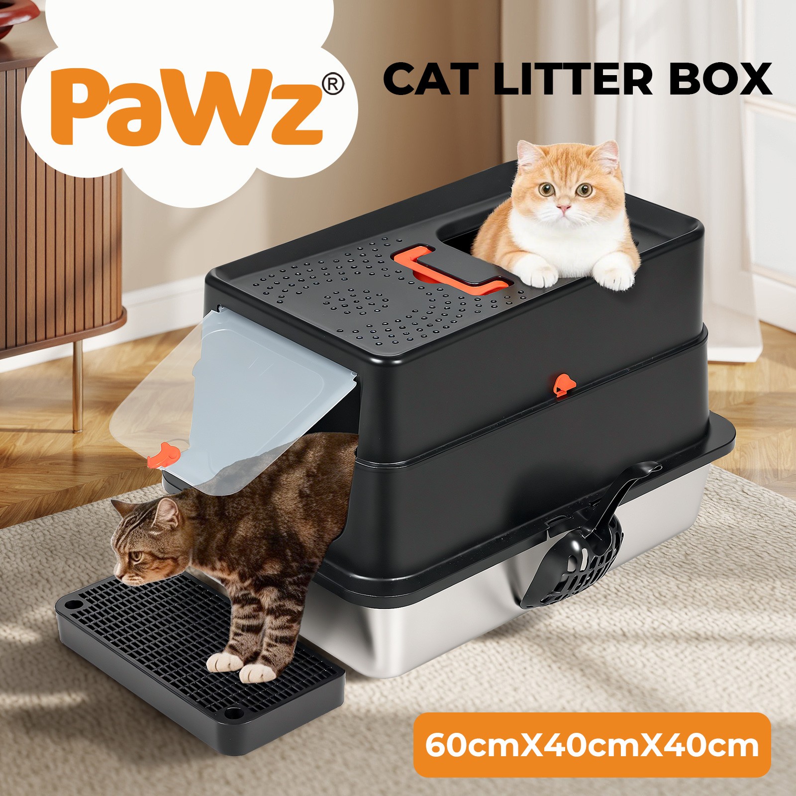 Pawz Large Stainless Steel Enclosed Hooded Cat Litter Box Removable Tray