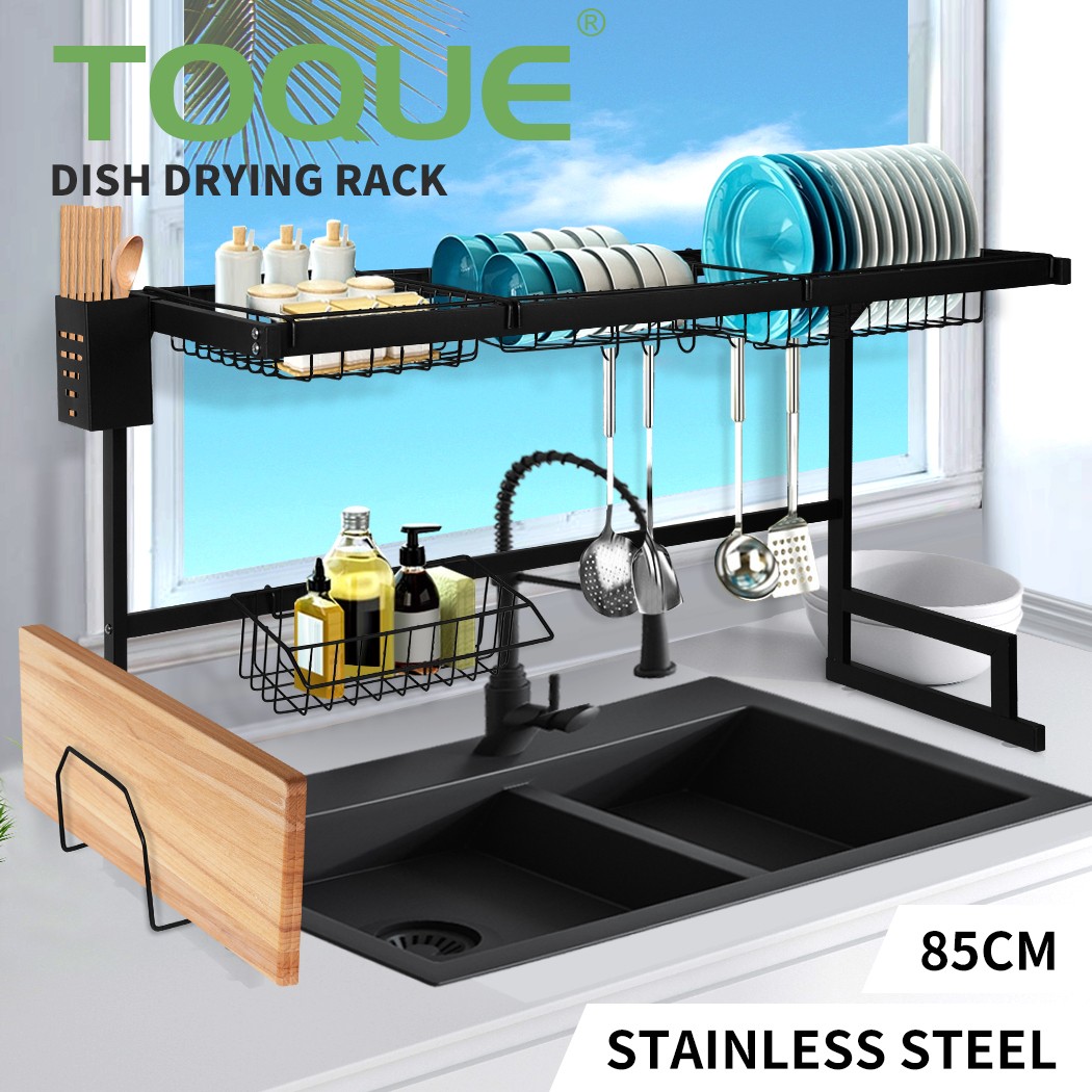 Toque Stainless Steel Dish Drying Rack Over Sink Black 2 Tier 85cm Organizer