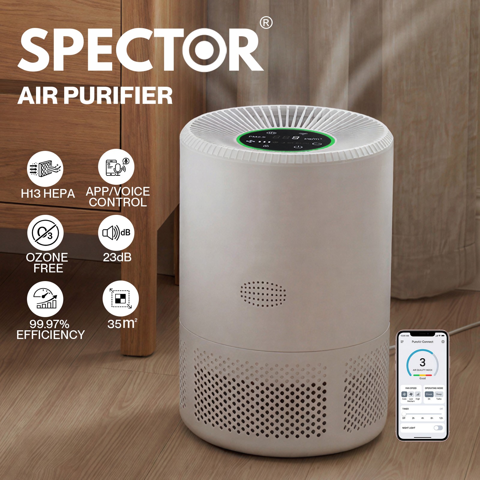 Spector HEPA Air Purifier 70 Portable Smoke Odor Pet Home App Alexa Control