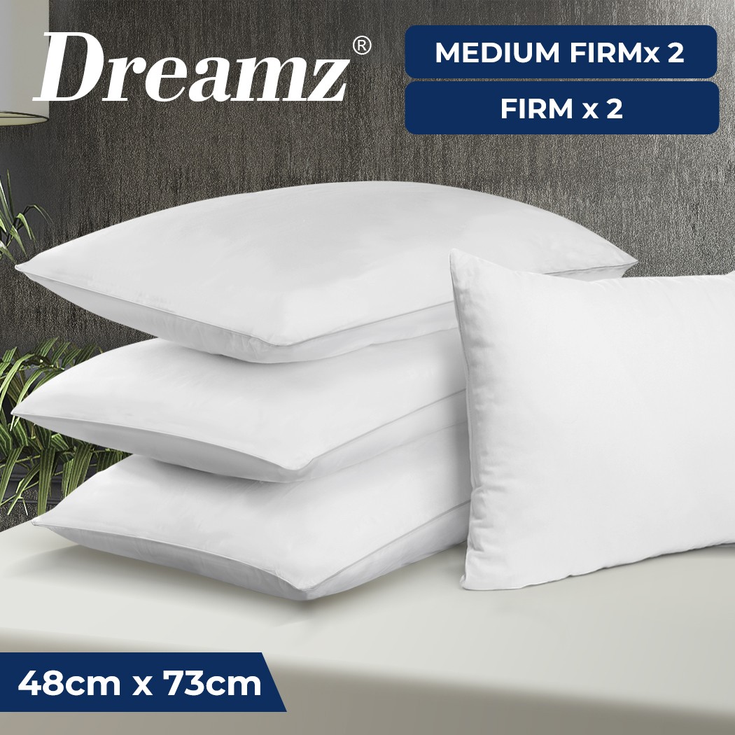 Dreamz 4 Pack Pillows Bed Firm Soft White Polyester 100 Cotton Cover