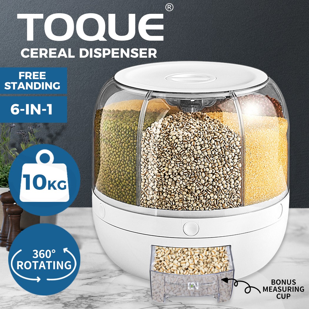Toque Rice Storage Cereal Dispenser 10kg Airtight Plastic White Rotating Box