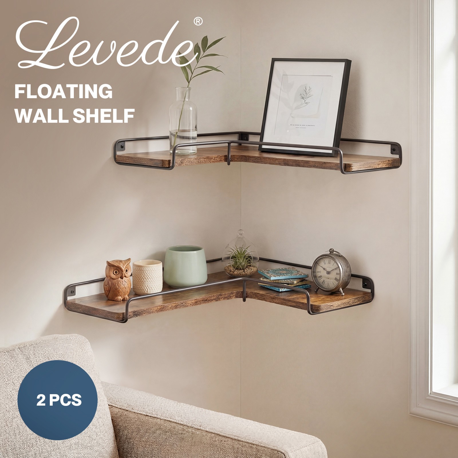 Levede 2Pcs Floating Corner Wall Shelf DIY Particle Board Storage Display