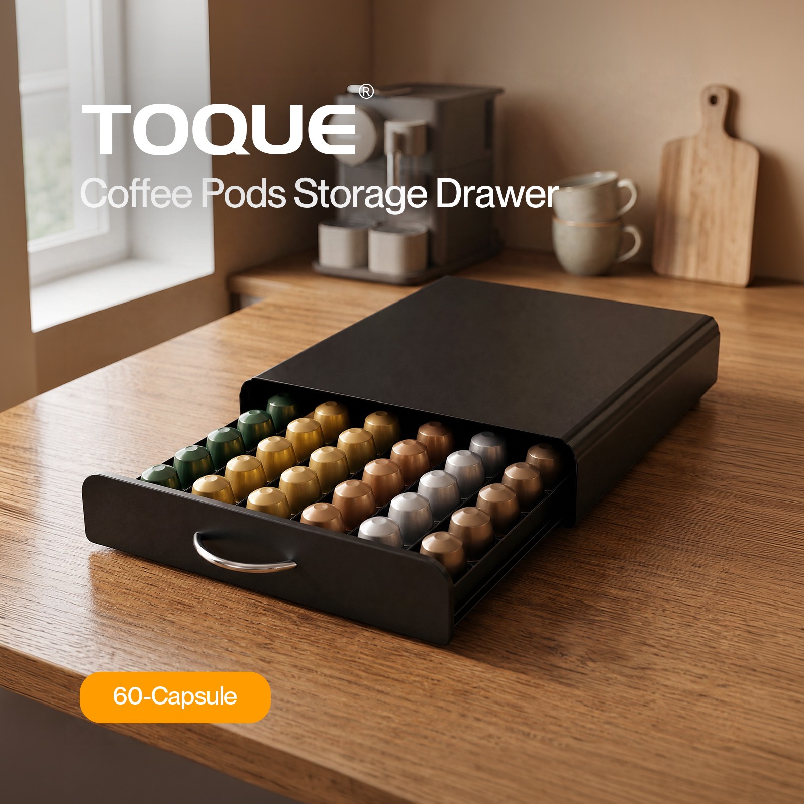 Toque Coffee Pod Drawer Rack 60 Pods Holder Organizer Stand Black Nespresso