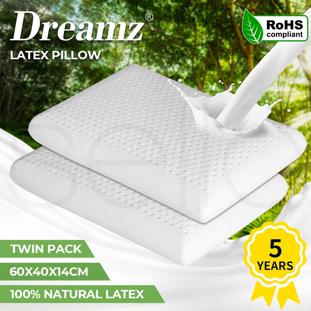 Dreamz 2x Natural Latex Bed Pillow Standard White 60cm x 40cm Hypoallergenic