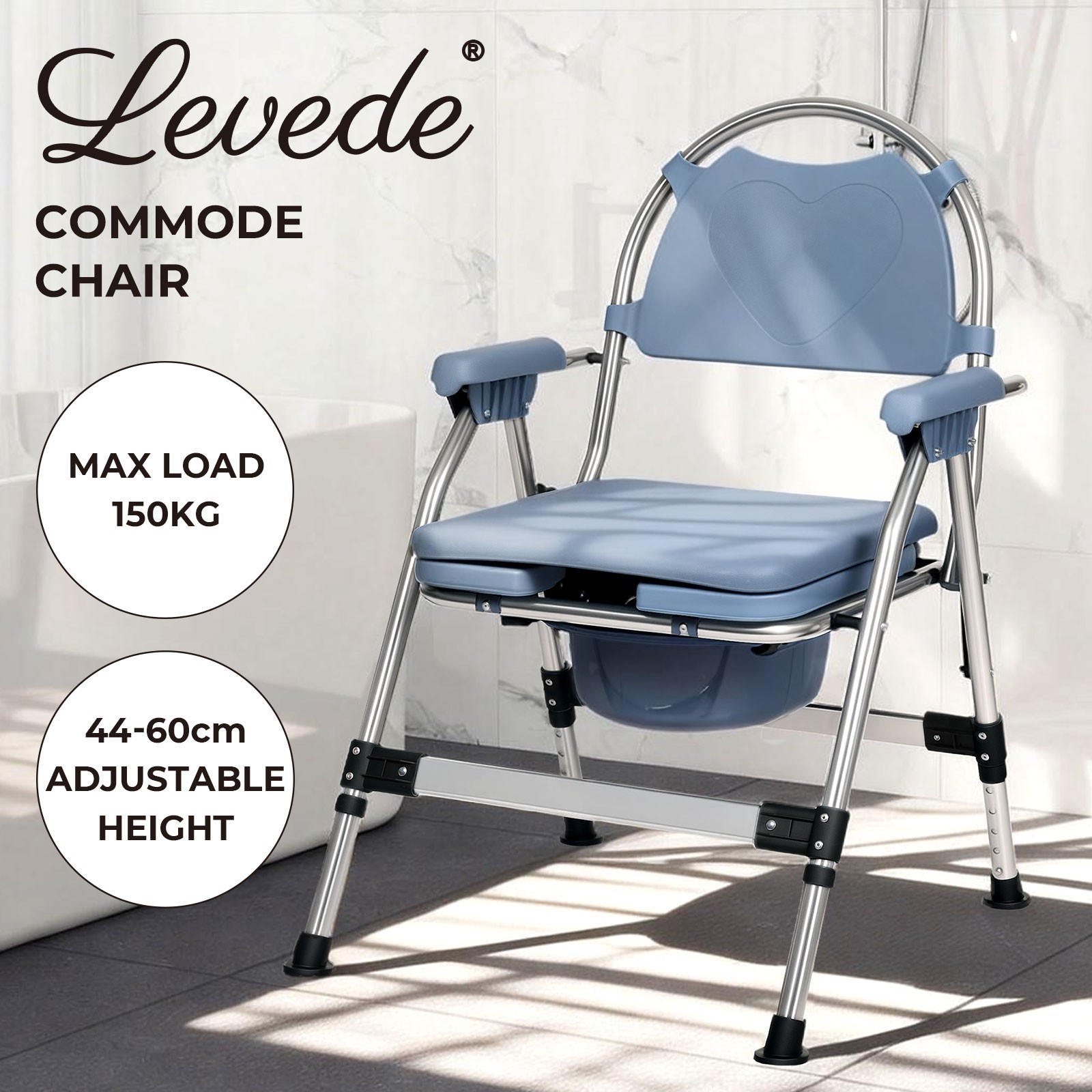 Levede Foldable Commode Chair Shower Toilet Bedside Seat Adjustable Height 150kg