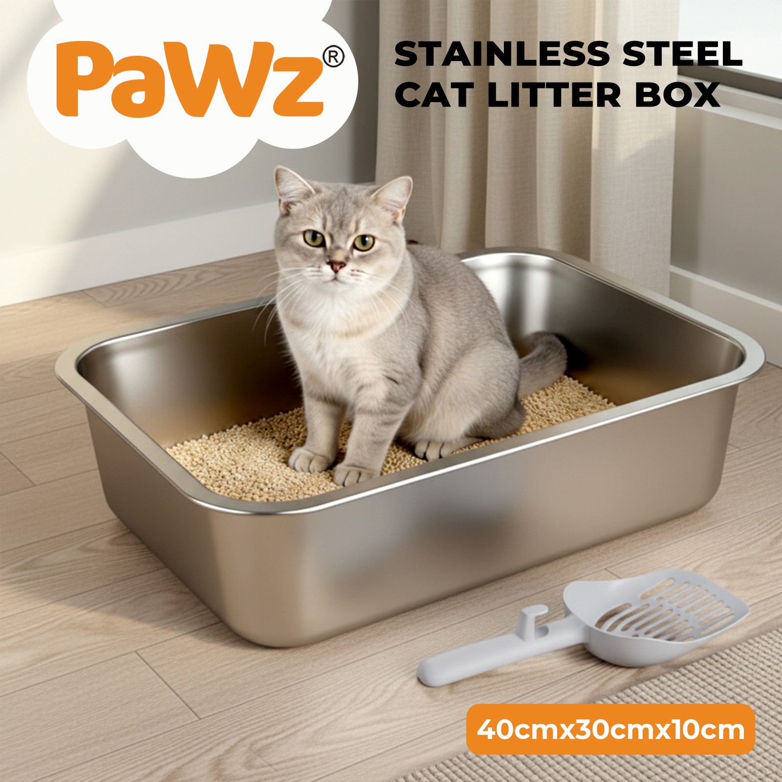 Pawz Stainless Steel Open Litter Tray 9L 10cm Height Easy Entry Scoop