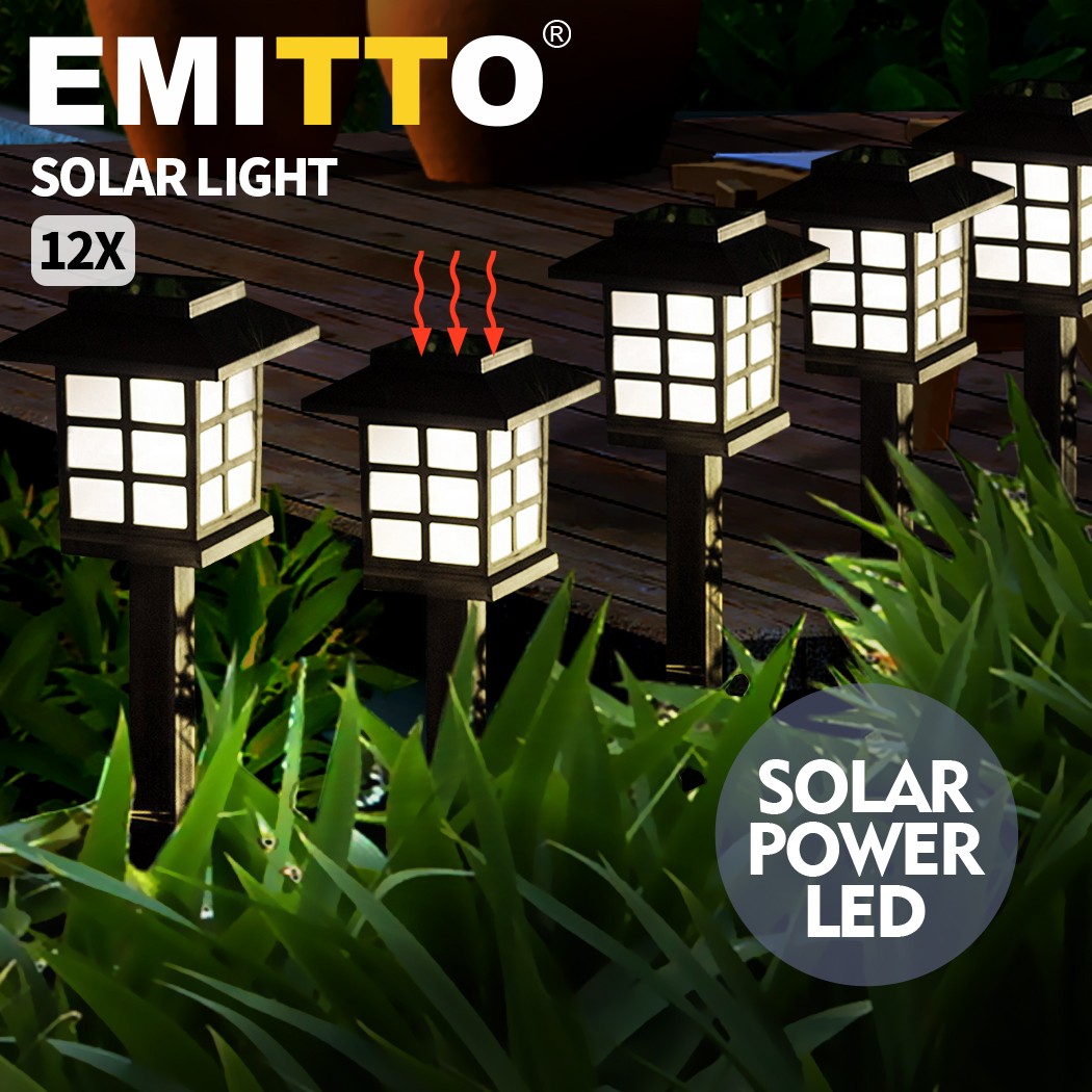 Emitto 12x LED Solar Powered Garden Path Lights Black Waterproof Outdoor