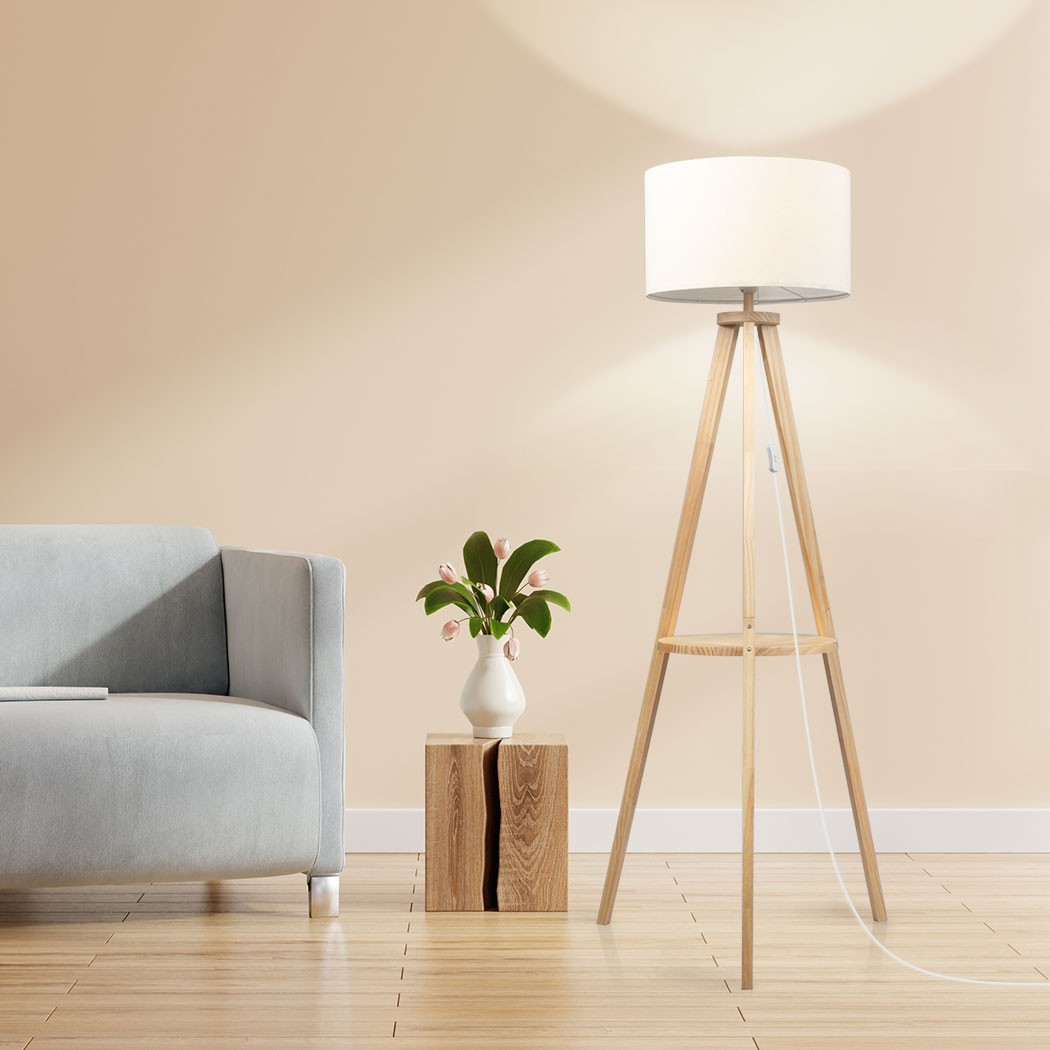 Emitto Wooden Tripod Floor Lamp with Shelf Modern Reading Light SAA Approved